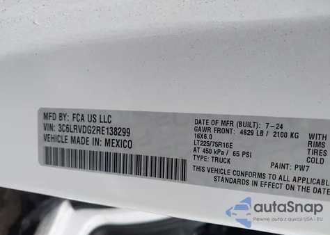 2024 Ram Promaster 2500 Tradesman High Roof 159 Wb W/Pass Seat from USA, damaged, VIN 3C6LRVDG2RE138299